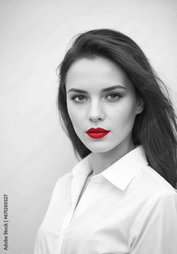 ritratto primo piano high key di volto di giovane donna, labbra con rossetto rosso acceso, sfondo bianco, capelli scuri sciolti ritratto primo piano high key di volto di giovane donna, labbra con rossetto rosso acceso, sfondo bianco, capelli scuri sciolti
