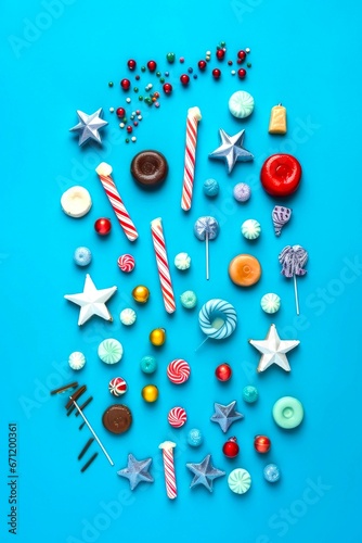 Christmas background made with various winter and New Year objects on blue background. Christmas concept