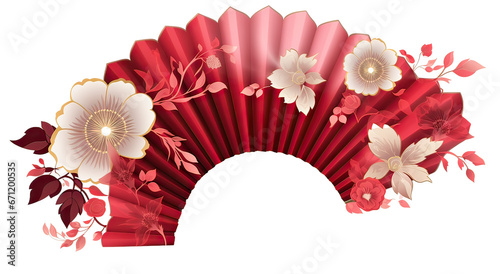red fan with floral ornaments typical of china isolated png on transparent background