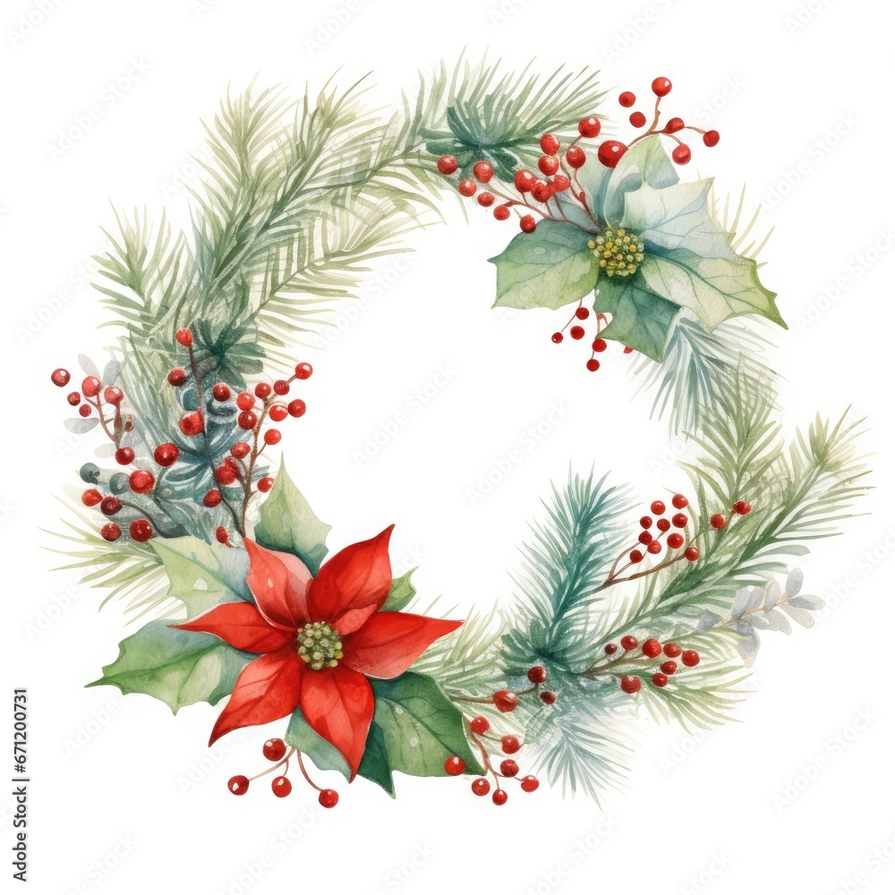 Christmas Watercolor wreath on a white background. Round ornament of Christmas tree branches and Christmas flowers. Christmas Watercolor wreath on a white background. Round ornament of Christmas tree branches and Christmas flowers.