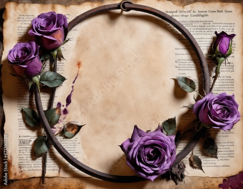 Rusty metal base for a wreath and purple roses on aged paper