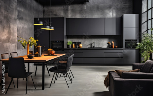 Creative loft black kitchen studio interior