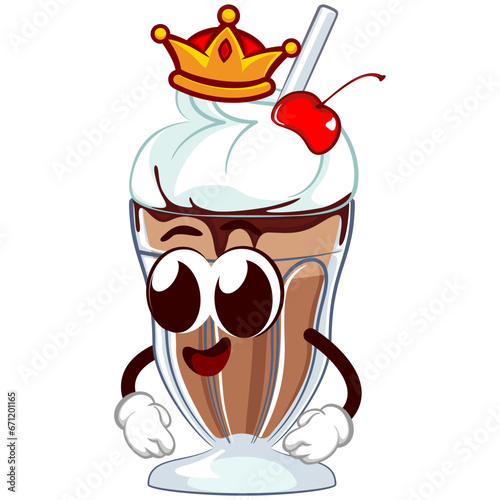 mascot character of a milkshake glass with a funny face of a king wearing a crown, isolated cartoon vector illustration. emoticon, cute milkshake glass mascot