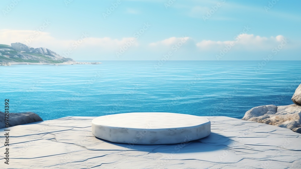 a white round platform on a rock with a body of water in the background