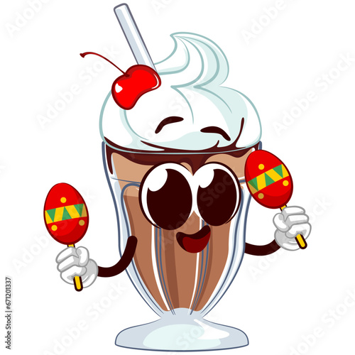 character mascot of a milkshake glass with a funny face playing a maracas musical instrument, isolated cartoon vector illustration. emoticon, cute milkshake glass mascot