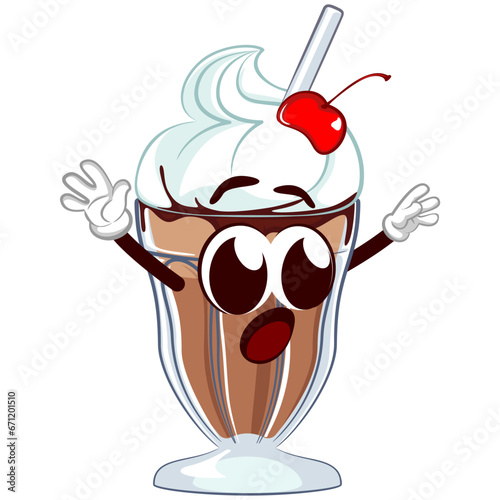 mascot character of a glass of milkshake with a funny face panicked screaming while raising both hands, isolated cartoon vector illustration. emoticon, cute milkshake glass mascot