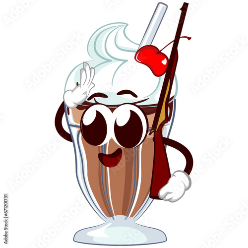 mascot character of a milkshake glass with a funny face saluting while shouldering a rifle, isolated cartoon vector illustration. emoticon, cute milkshake glass mascot