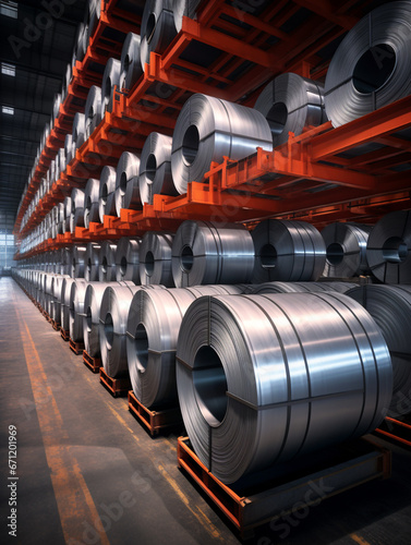 Wallpaper Mural Roll of Steel Sheet in Factory Warehouse. Strip Galvanised Steel Coil or Cold Rolled Strip, a Steel Product Produced from a Hot Rolled Strip. Steel Mill. Generative AI. Torontodigital.ca