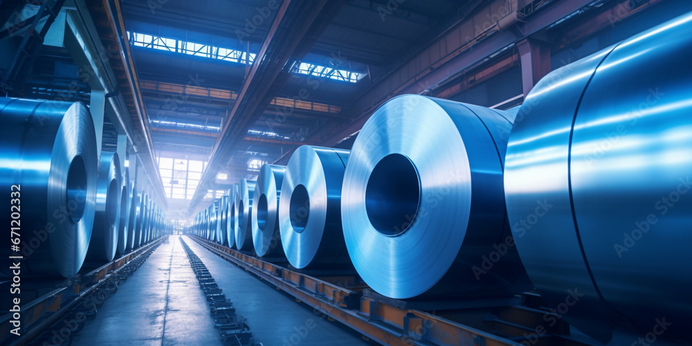 Roll of Steel Sheet in Factory Warehouse. Strip Galvanised Steel Coil or Cold Rolled Strip, a Steel Product Produced from a Hot Rolled Strip. Steel Mill. Generative AI. Roll of Steel Sheet in Factory Warehouse. Strip Galvanised Steel Coil or Cold Rolled Strip, a Steel Product Produced from a Hot Rolled Strip. Steel Mill. Generative AI.