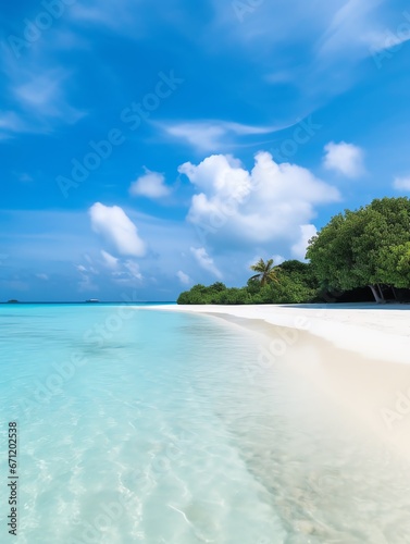 a beach with trees and blue water
