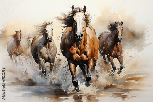 galloping horses lead us in the river