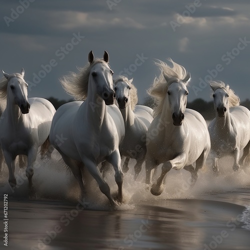 galloping horses lead us in the river