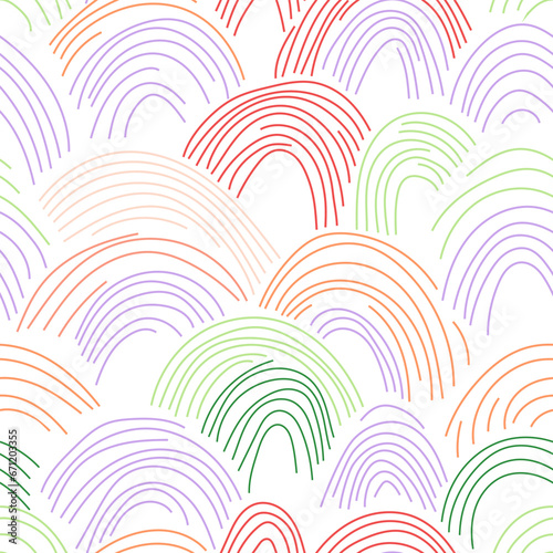 Cute colorful rainbows background. Haand drawn retro style rainbow seamless pattern with pastel color stripes.