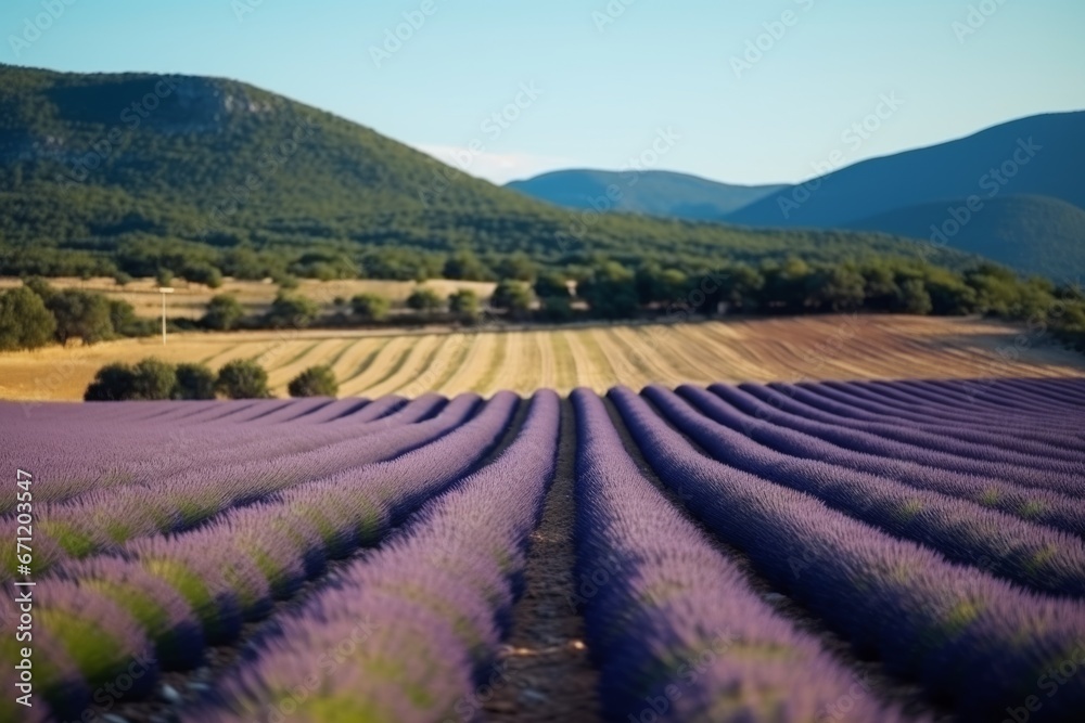 Naklejka premium Southern France Italy lavender Provence field blooming violet flowers aromatic purple herbs plants nature beauty perfume aroma summer garden blossom botanical scent fragrance meadow rustic country