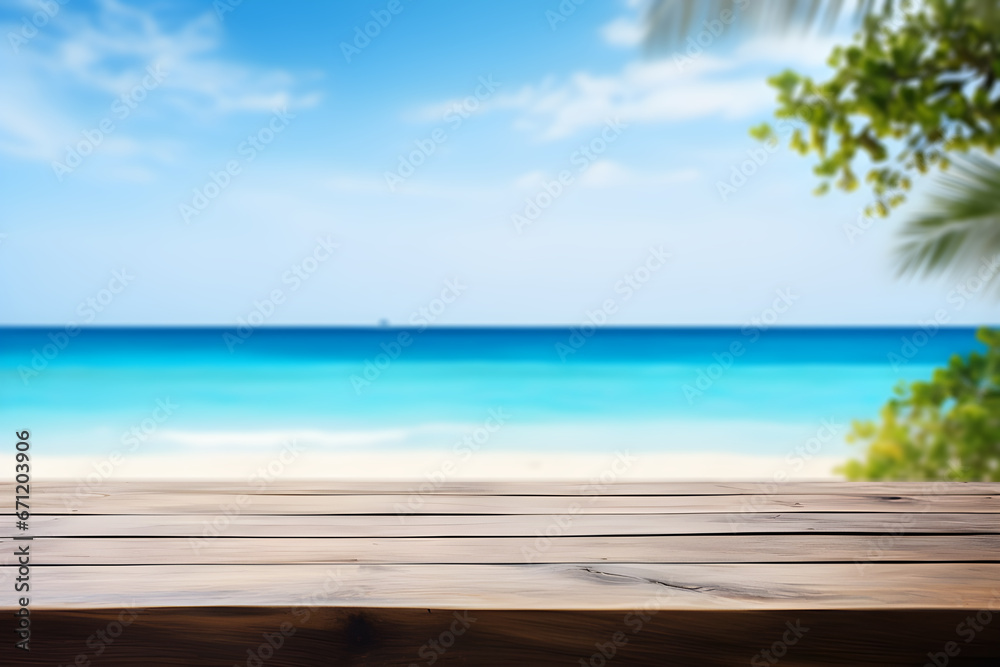 Empty wooden table light brown wood texture Blurred background, sea view and beach Empty wooden table light brown wood texture Blurred background, sea view and beach