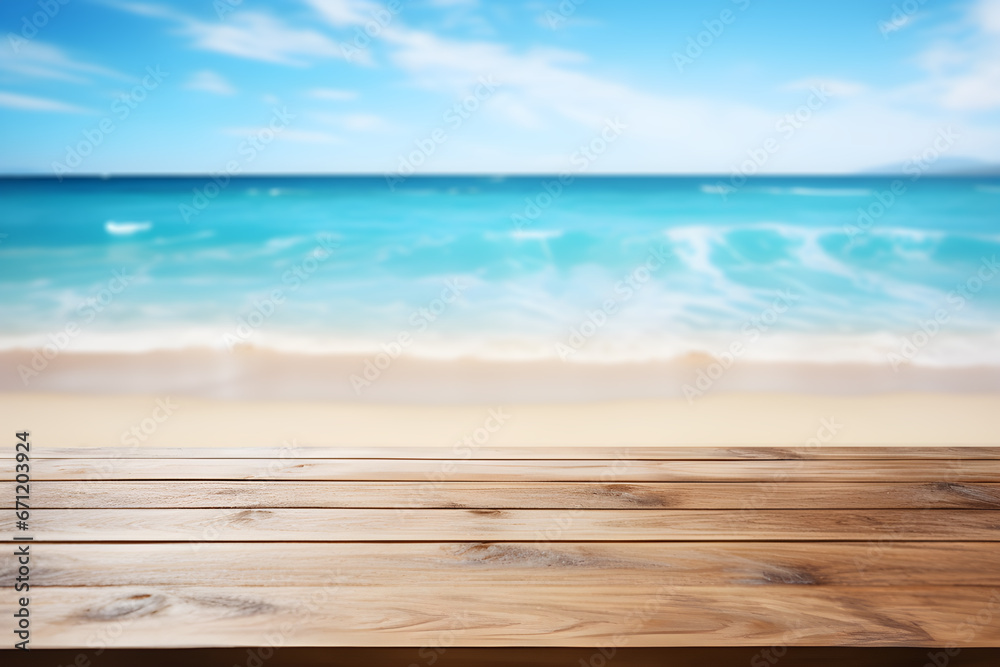 Fototapeta premium Empty wooden table light brown wood texture Blurred background, sea view and beach
