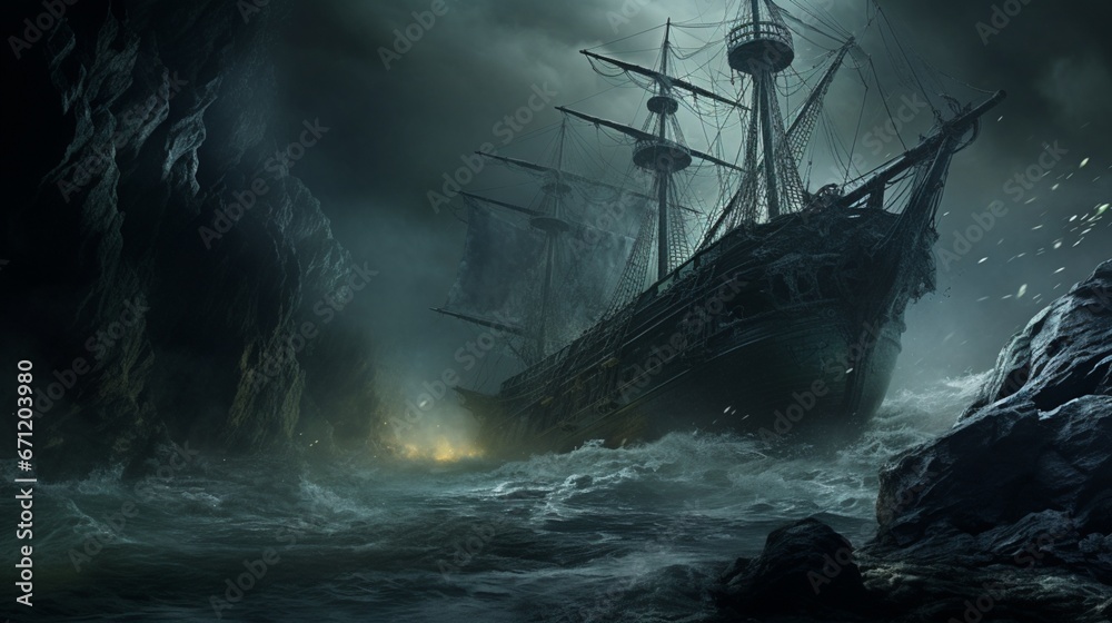 a chilling dark fantasy book cover with a looming, spectral shipwreck on a desolate, rocky shore, battered by tumultuous waves and haunted by ghostly apparitions, captured with an HD camera. - obrazy, fototapety, plakaty 