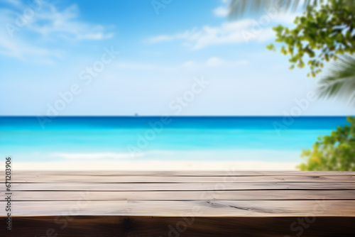 Empty wooden table light brown wood texture Blurred background  sea view and beach