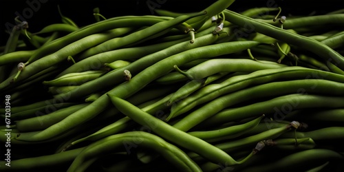 Green beans on a black background, close-up, selective focus. Generative AI.
