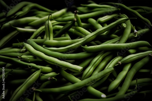 Green beans on a market stall, close-up, selective focus. Generative AI.
