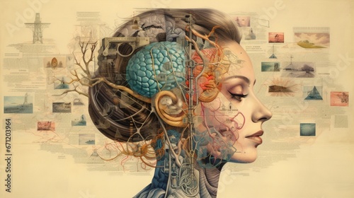 a captivating mixed media collage that beautifully portrays the detailed anatomy and functions of the human brain, with precision and artistic flair.