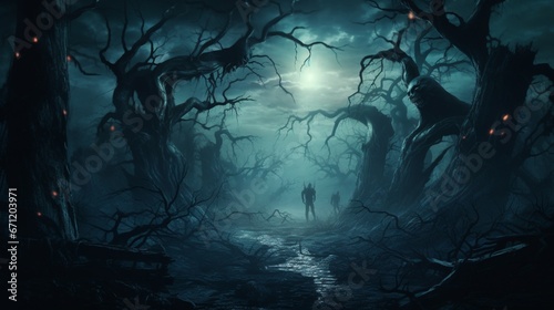 a chilling dark fantasy book cover depicting a sinister forest at dusk, where twisted, ghostly trees loom, and spectral figures drift among the shadows, captured with an HD camera.