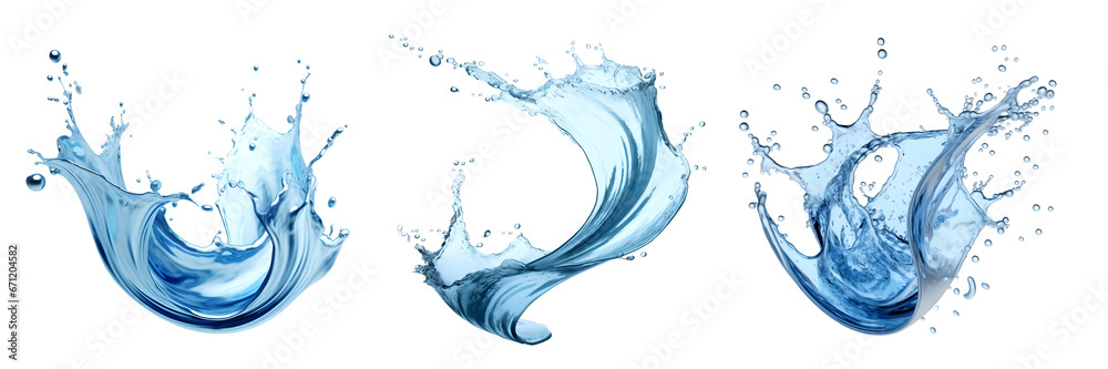  Blue water Spiral liquid splash swirl wave on transparent background cutout, PNG file. Many assorted different design. Mockup template for artwork graphic design - obrazy, fototapety, plakaty 
