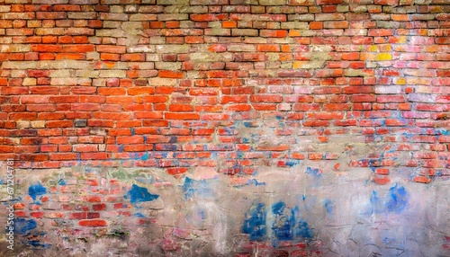 Old wall background with stained aged bricks, full texture, panoramic view