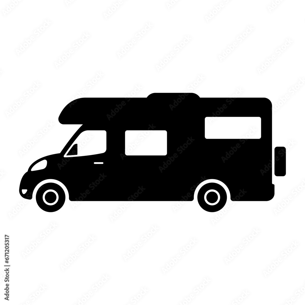 Motorhome icon. Camper, caravan. Black silhouette. Side view. Vector simple flat graphic illustration. Isolated object on a white background. Isolate.