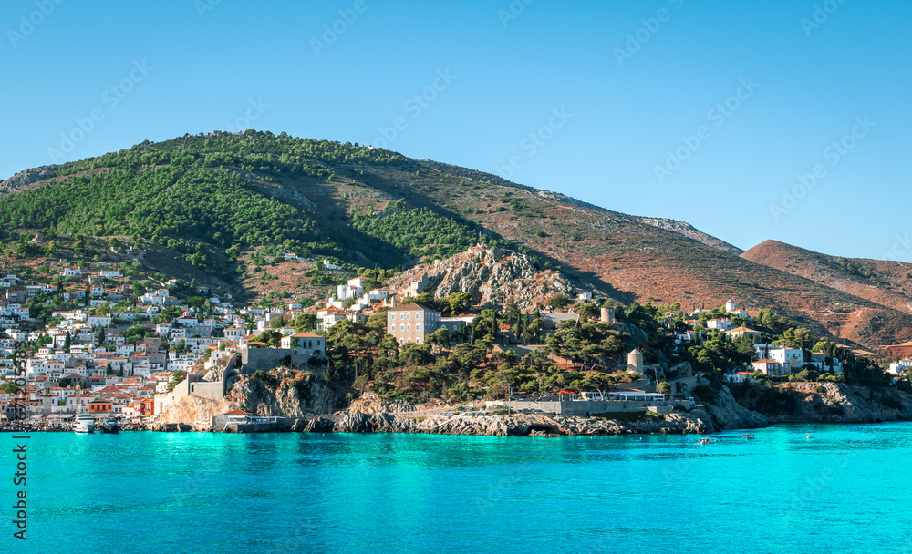 Panoramic view of Hydra town on Hydra Island, Greece.