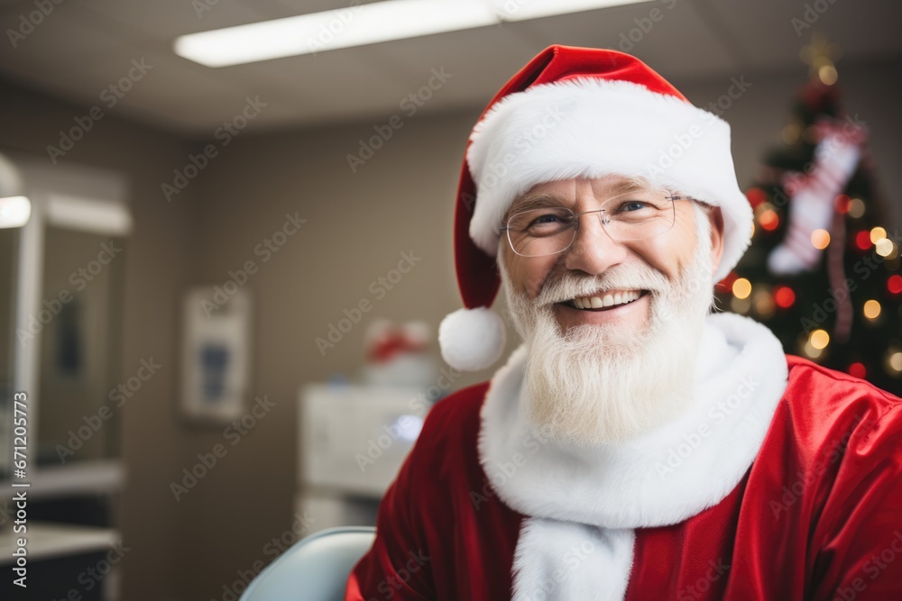Dentist in New Years gear conducting holiday check-up with cheer Dentist in New Years gear conducting holiday check-up with cheer