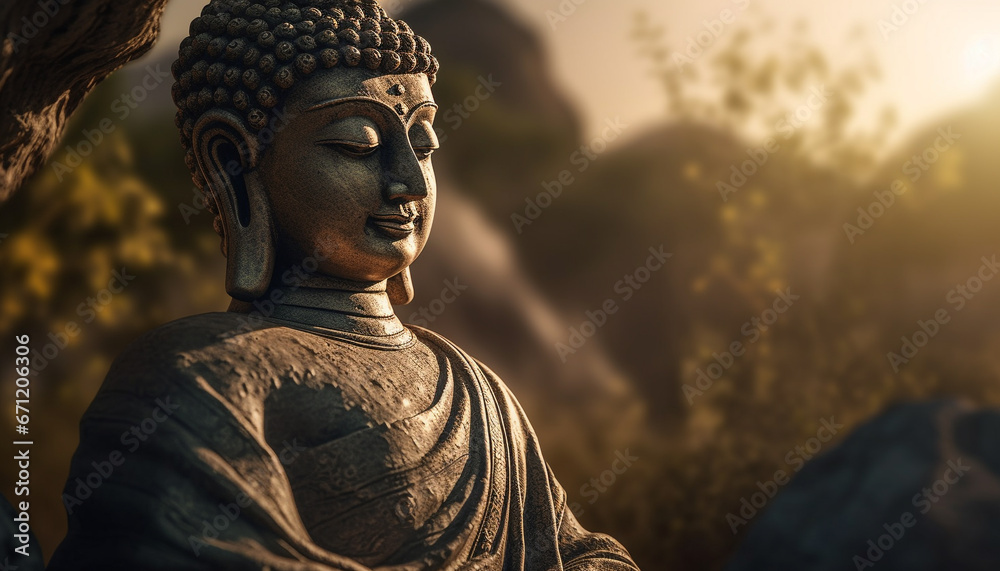 custom made wallpaper toronto digitalTranquil Buddha statue meditates in serene sunset at ancient pagoda generated by AI