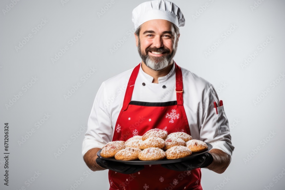 Baker crafting holiday pastries in New Years attire isolated on a white background Baker crafting holiday pastries in New Years attire isolated on a white background