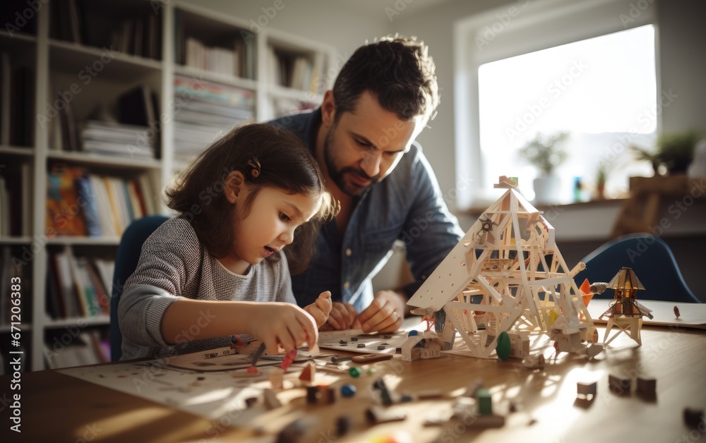 Fototapeta premium A parent helping a child with a school project at home