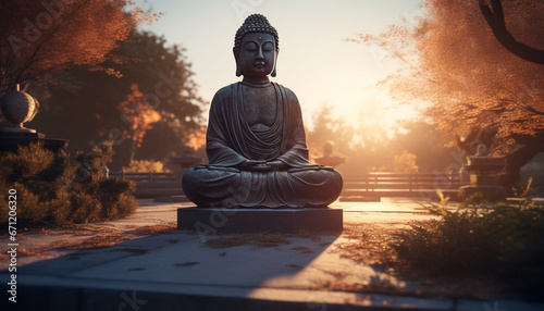 Sitting statue meditates in lotus position at serene sunset pagoda generated by AI