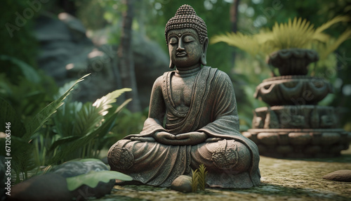 Meditating statue in lotus position, surrounded by tranquil nature generated by AI