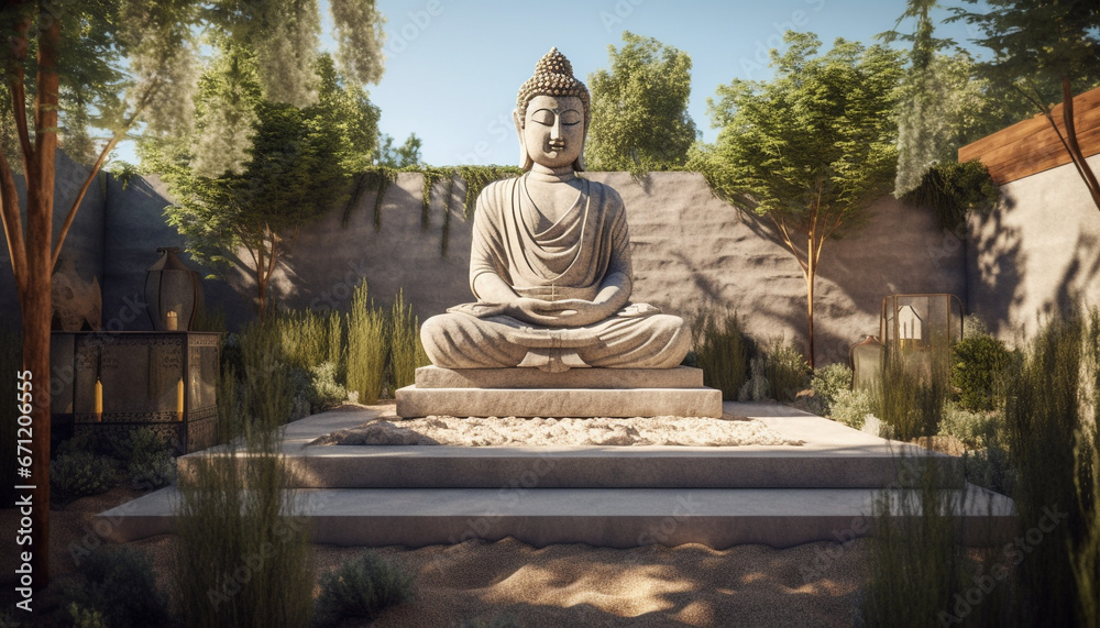 Sitting statue meditating in tranquil scene, ancient spirituality and culture generated by AI