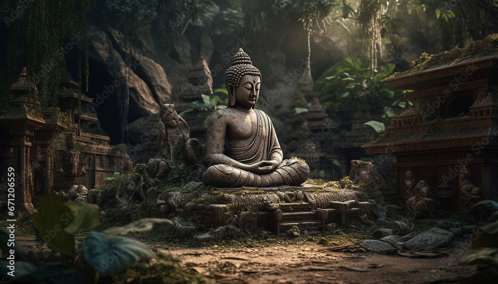 Sitting statue meditating in ancient pagoda, surrounded by tranquil nature generated by AI