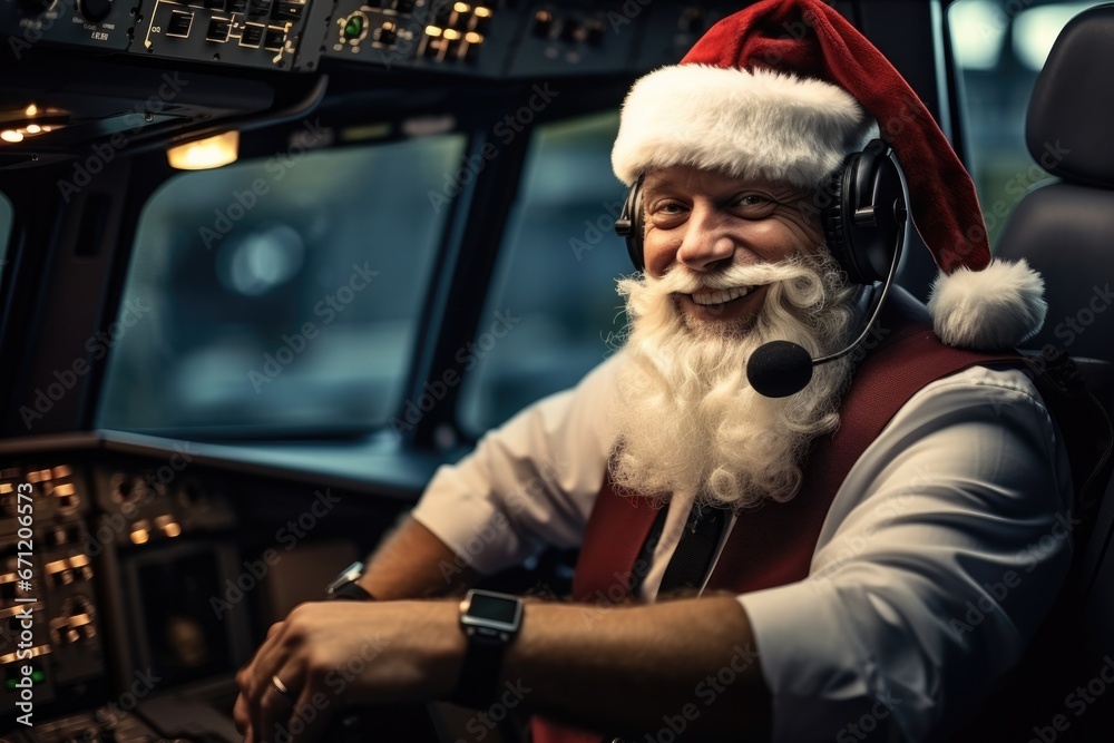 Pilot navigating airplane in New Years attire background with empty space for text 