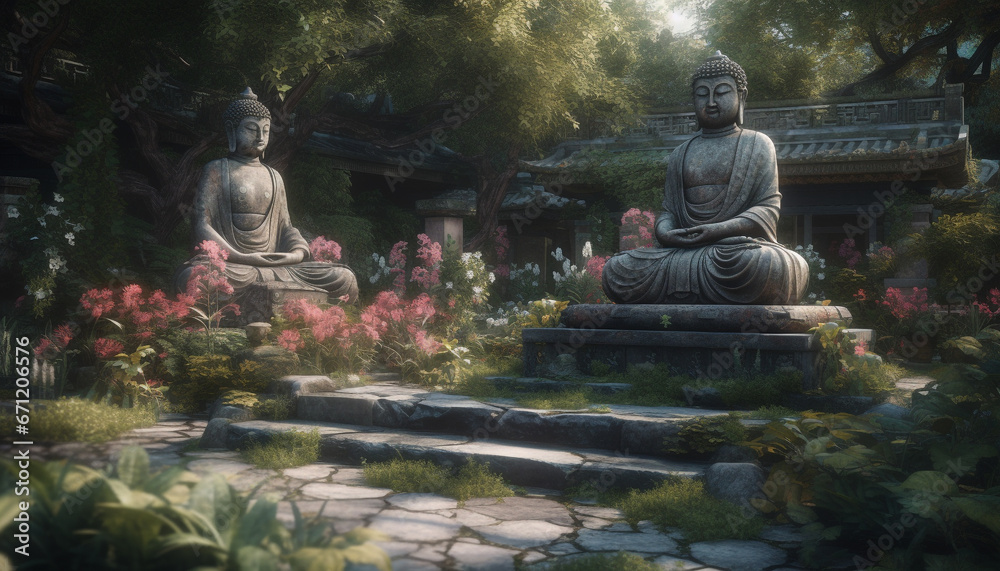 Tranquil scene of a famous statue meditating in lotus position generated by AI