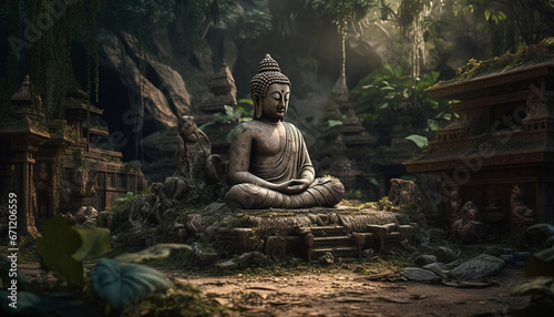 Sitting statue meditating in ancient pagoda  surrounded by tranquil nature generated by AI