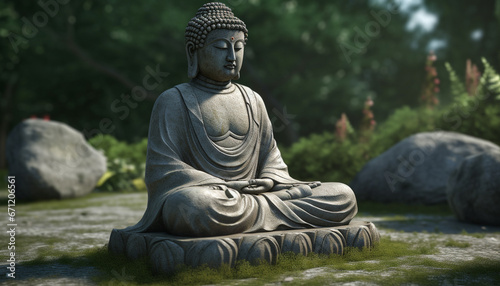 Sitting statue in lotus position  meditating in tranquil scene generated by AI