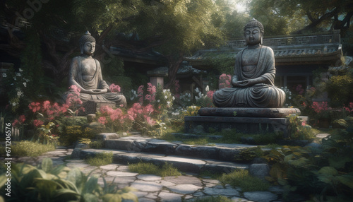 Tranquil scene of a famous statue meditating in lotus position generated by AI