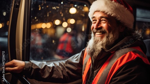Bus driver in festive New Years uniform cheerfully guiding holiday tour passengers 