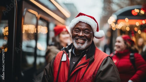 Bus driver in festive New Years uniform cheerfully guiding holiday tour passengers 