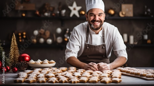 Baker preparing holiday pastries in New Years attire background with empty space for text 