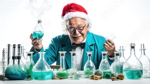 Scientist conducting experiments in New Years attire isolated on a white background 