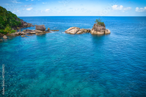 Fototapeta Naklejka Na Ścianę i Meble -  Drone bird eye view at Anse solei beach, turquoise and calm sea and granite stones, Mahe Seychelles 1