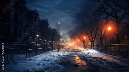 Snowy Night in the City: enchanting winter beauty of urban landscapes under a blanket of snow. © pvl0707