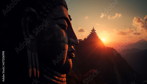 Meditating men pray at ancient pagoda  back lit by sunrise generated by AI